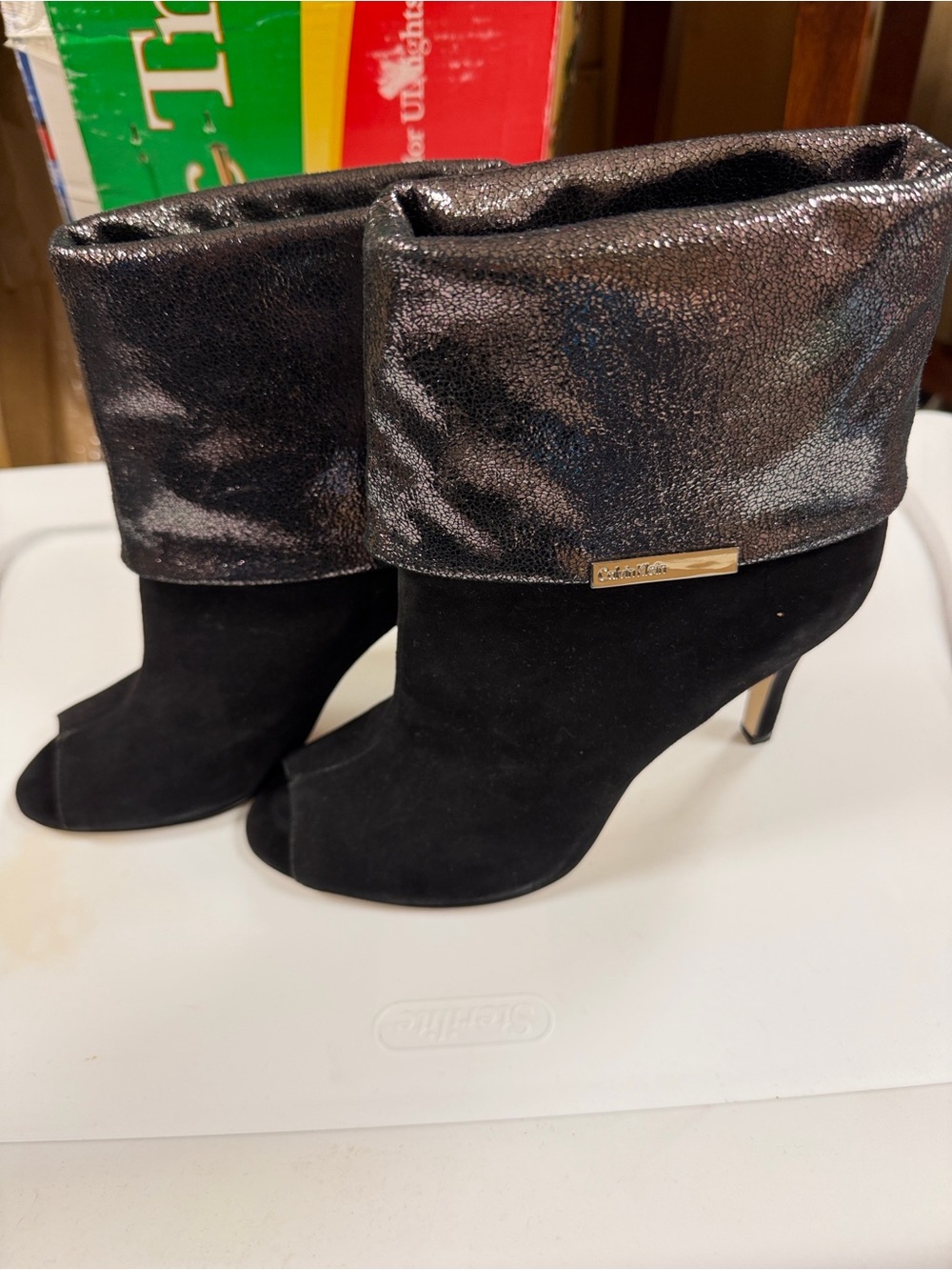 Calvin Klein Kaiya Women's Black Fold-Over Peep-Toe Ankle Boots